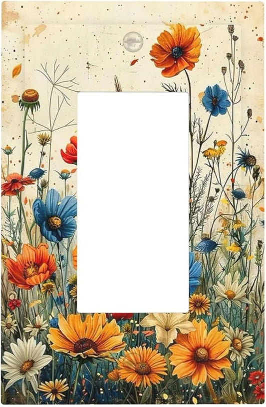 Decorative Outlet Covers Colorful Flowers Wildflowers Plants Orange Yellow Blue 1 Gang Single Rocker Light Switch Cover Plate GFCI Wall Plates Electrical Switch Plate Cover for Home Farmhouse Decor