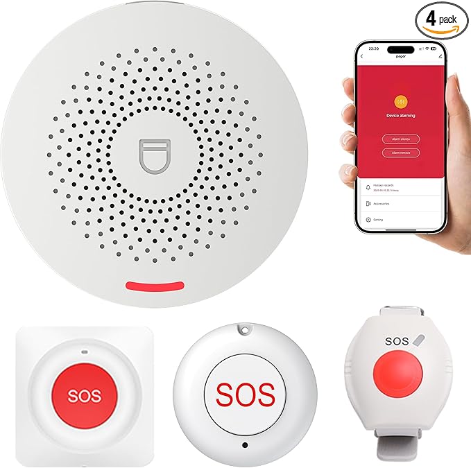XUK WiFi SOS Caregiver Pager Call Button for Elderly, No Monthly Fee 2.4GHz Wi-Fi APP Control Wireless Nursing Call System with 1 SOS Call Panic Buttons & 1 Watch Pagers & 1 Square Pull Cord Pagers