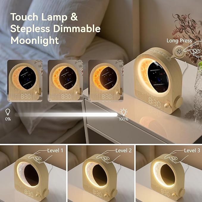 Sunrise Alarm Clocks for Bedrooms, Stepless Dimmable Moon Lamp Dual Alarm Clock Wake Up Light with 12Levels Volume for Heavy Sleepers, 10 Natural Sounds with Timer, Gifts for Women