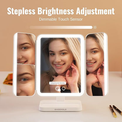EASEHOLD Makeup Mirror with Lights, Rechargable Lighted Vanity Mirror with 116 LEDs, 1X/2X/3X Magnifying, 3-Color Mirror with LED Lights,5000 mAh Lighted Makeup Mirror, Adjustable Brightness/Angle