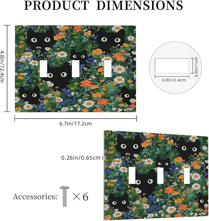 Boho Funny Black Cute Cats Daisy Wildflower Decorative Switch Plates 3 Gang Wall Plate Triple Toggle Light Switch Cover Faceplate Electrical Wall Panels For Kids Room Bed Room Decor