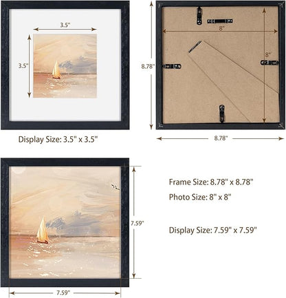 8x8 Picture Frames Black Set of 3, Solid Oak Wood 8”x8” Picture Frame Matted to 4”x4”,Square 8 x 8 Natural Wood Frame with Tempered Real Glass, Rustic 8x8 Photo Frame for Wall & Tabletop Display
