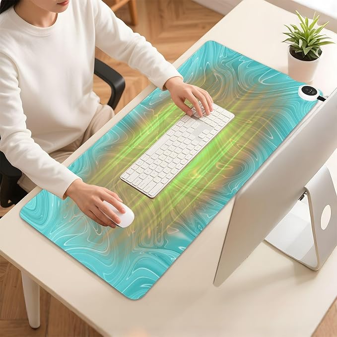 Heated Desk Pad Mouse Pad 31.5x13 Inch PU Leather Desk Mat with 3 Heat Levels Large Mouse Gaming Computer Laptop Mat Teal Fluid