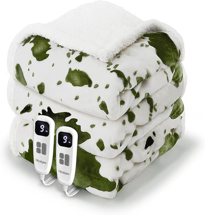 Cow Print Heated Electric Blanket King Size-Dual Control Heating Blanket King Size with 10 Heat Levels & 10 Hours Auto-Off, Cozy Soft Fleece Sherpa, Washable, 90x100 Inche Cow Print Sage