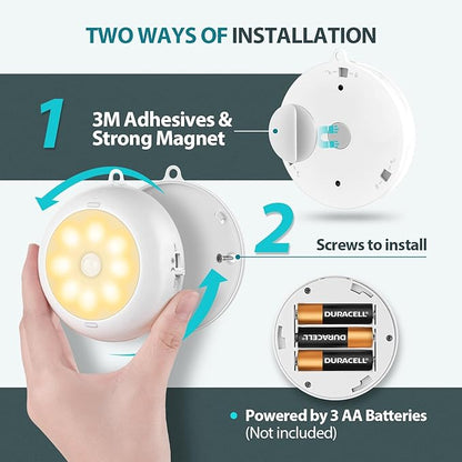Motion Sensor Light Indoor AA Battery Operated, Under Cabinet Lighting, Magnetic Stick on LED Puck Lights for Stair, Wall, Closet, Dimmable, 3000K Warm White (3 Pack)