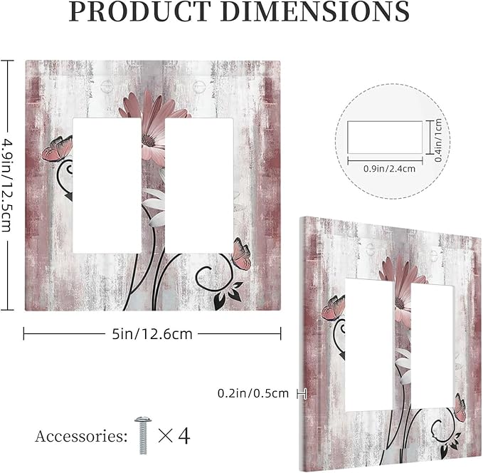 Decorative Outlet Covers Pink White Daisy Butterfly Wood Grain 2 Gang Double GFCI Rocker Electrical Wall Panels Light Switch Cover Plate for Farmhouse Bathroom Decor
