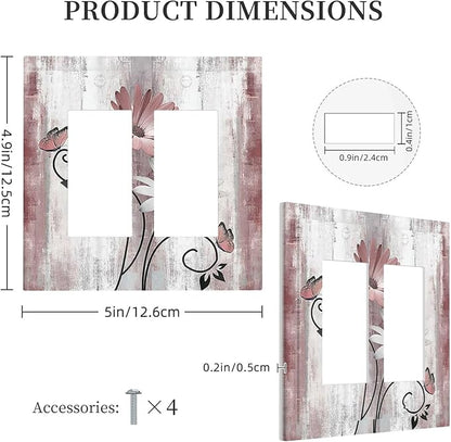 Decorative Outlet Covers Pink White Daisy Butterfly Wood Grain 2 Gang Double GFCI Rocker Electrical Wall Panels Light Switch Cover Plate for Farmhouse Bathroom Decor