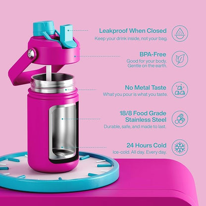 Kids Insualated Water Bottle with Straw - 12oz Stainless Steel Water Bottle with Dual Spouts, Leak-Proof, BPA-Free, Double Wall Vacuum Keeps Cold for 24 Hours for Sports, Travel (Light Crimson)