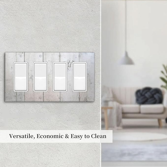 Rustic White Grey Wood Grain Wallplates 4 Gang Quad Rocker Decorative Light Switch Covers Electrical GFCI Faceplate Switch Plate for Bedroom Bathroom Decor