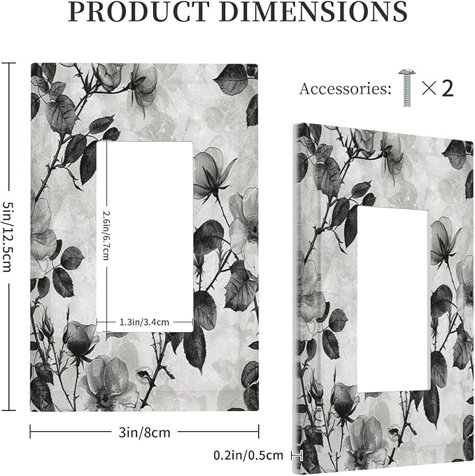 Decorative Outlet Covers Black Breezy Watercolor Garden Floral 1 Gang Single Rocker Light Switch Cover Plate Wall Plates GFCI Faceplate for Bedroom Home Decor