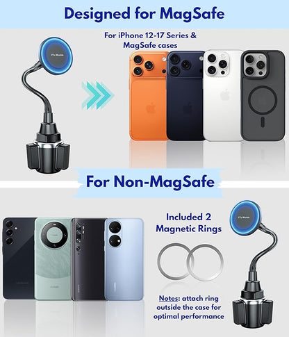 Cup Holder Phone Mount Magnetic - Designed for MagSafe Cupholder Car Mount, Super Strong Magnet for Cell Phone Cup Holders, Expandable Base, Flexible Gooseneck, Compatible with iPhone, Galaxy, Pixel