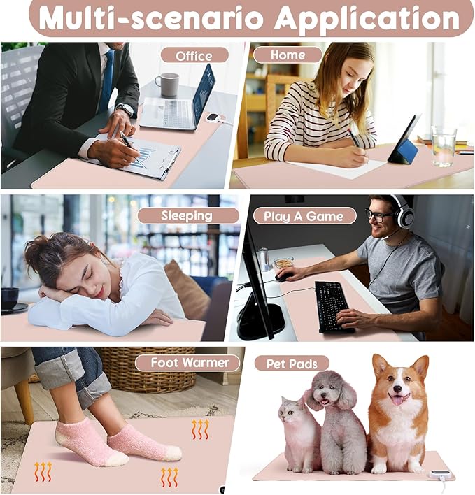Konohan Heated Large Desk Mat PU Leather Warm Mouse Pad with 5 Heating Level & 4 Hour Auto Shut-Off Heating Keyboard Pad Warmer Gaming Mice Mat Only Supports 110v(Khaki Color,23.6"x 14.2")