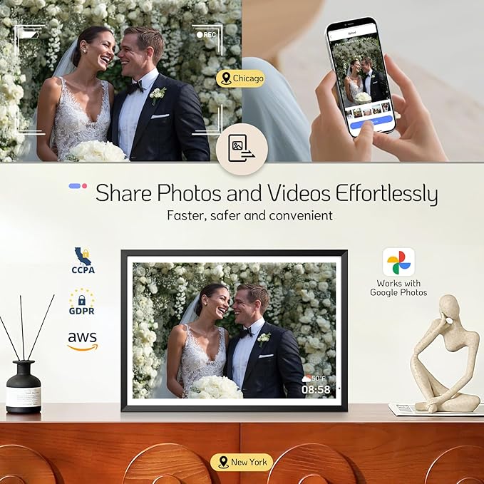 NexFoto 13.5" Digital Picture Frame 64GB, 3K Resolution Touchscreen Electronic Photo Frame, Add Pics from Google Photos, Share Photos/Videos via APP/USB, Unboxing Gift Mode, for Christmas/Mom, Black