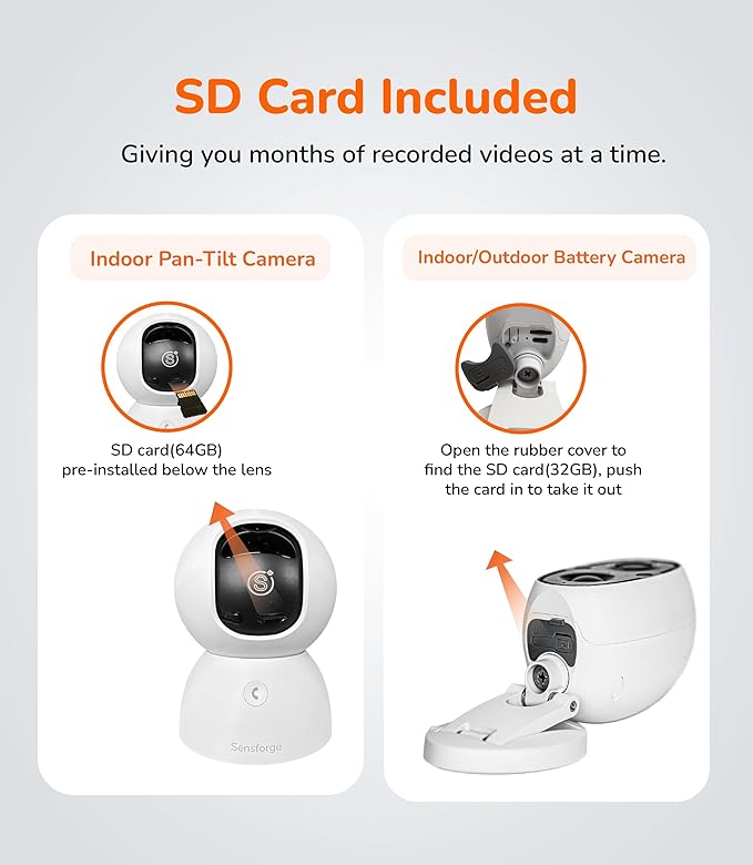 Sensforge 2.5K Indoor & Outdoor Security Camera Bundle, Wired Pan-Tilt + Battery Camera Set, Human/Pet/Vehicle Detection, Dual-Band Wi-Fi (2.4G/5G), Local SD Storage, No Monthly Fees