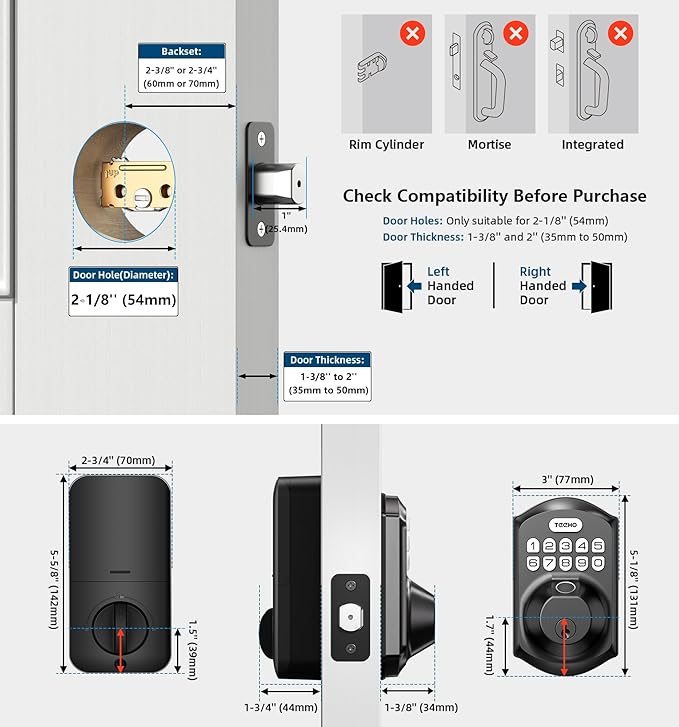 TEEHO TE002 Fingerprint Door Lock - Keyless Entry Door Lock - Electronic Keypad Deadbolt - Smart Locks for Front Door - Auto Lock - Easy Installation - Matte Black