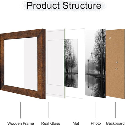 iRahmen 8x8 Picture Frame Set of 4 with HD Glass, Display 6x6 Pictures with Mat or 8 x 8 Without Mat, Rustic Wood Photo Frame for Wall Mount and Tabletop Display