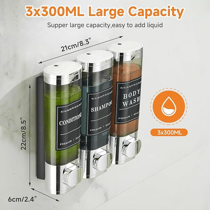 Shampoo and Conditioner Dispenser,Shower Dispenser 3 Chamber No Drill Wall-Mounted Shampoo Dispenser for Shower Wall Mounted Shower Soap Dispenser for Bathroom Hotel Large Capacity,Chrome1