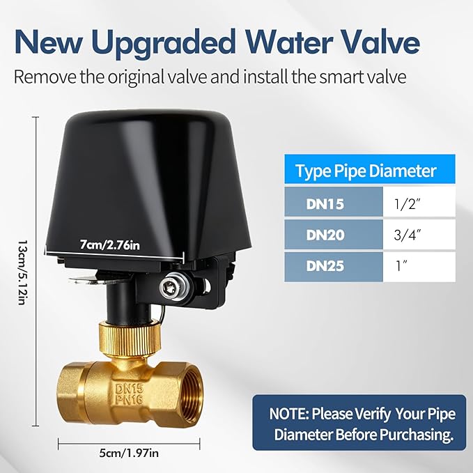 Owfeel WiFi Smart Water Valve, APP Remote Control, DN15 Ball Brass Water Valve, Compatible With Alexa, Google and Application Program iOS/Android, Only Supports 2.4 GHz WiFi (1/2")
