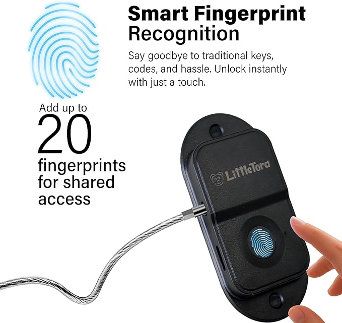 Fingerprint Fridge Lock - Childproof Security Locking for Refrigerator Freezer Cabinet Furniture Doors - 90 Degree Cable Window Locks Smart Biometric Access with Adhesive Drill Installation