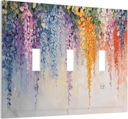 Colorful Wildflower Wisteria Cascade Floral Flower Decorative Switch Plates 3 Gang Wall Plate Triple Toggle Light Switch Cover Faceplate Electrical Wall Panels for Bedroom Living Room Decor