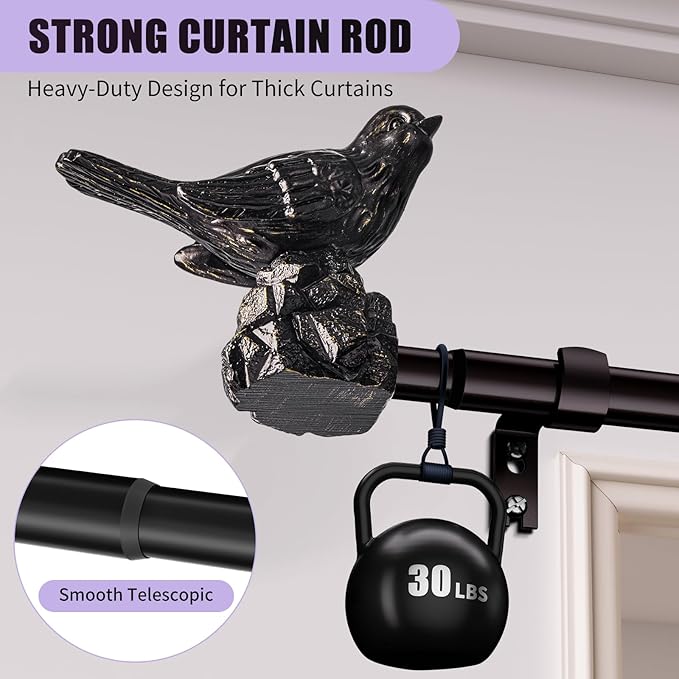Curtain Rods 18 to 45 Inches Vintage Oil Bronze Curtain Rods for Windows Adjustable Drapery Rod with Bird Finials Heavy Duty Brown Curtains Rod for Kitchen Window Living Room