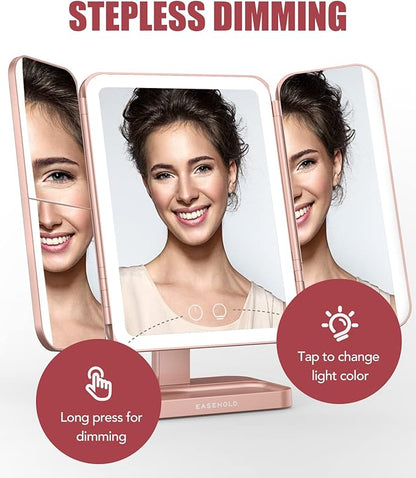 EASEHOLD Rechargable Makeup Mirror Vanity Mirror with Lights, 5000Mah & USB Cable, 112 LEDs Lighted Trifold Mirror with 1X 2X 3X 10X Magnification, Smart Touch, Portable Cosmetic Beauty Mirror