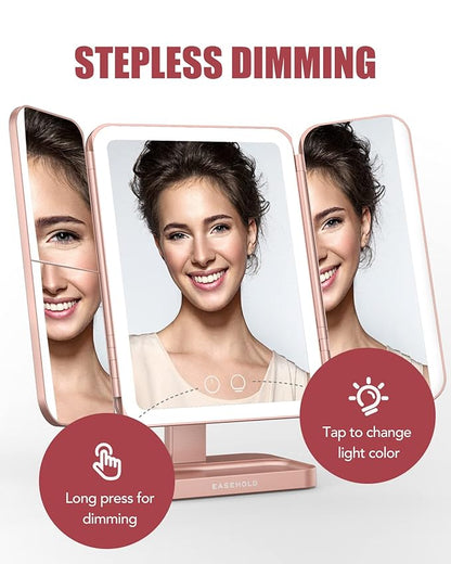 EASEHOLD Rechargeable Vanity Mirror with Lights, 116 LEDs Make up Mirror, 3-Color Lighted Makeup Mirror, 2X/3X/10X Magnification, 5000 mAh, Touch Sensor, Light up Mirror, Gifts for Women