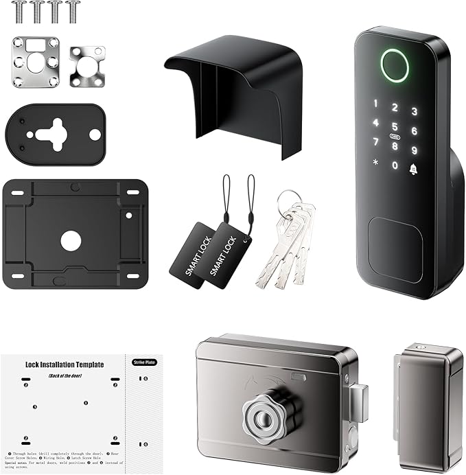 Smart Gate Lock, Electronic Gate Locks for Outdoor Fence, Keyless Smart Rim Lock, Electric Sided Keypad Locks with App Control, IC Card, Keys, Anti-Peep Touchscreen, Perfect for Fence and Outdoor