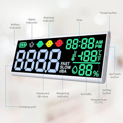 Decibel Meter 13 inches 30~130dB Sound Level Meter, Large LCD Display Wall Hanging Sound Gauge, Noise Level Detector, Decibel Monitoring Device, Time, Temperature, Humidity for Studio Classroom Home