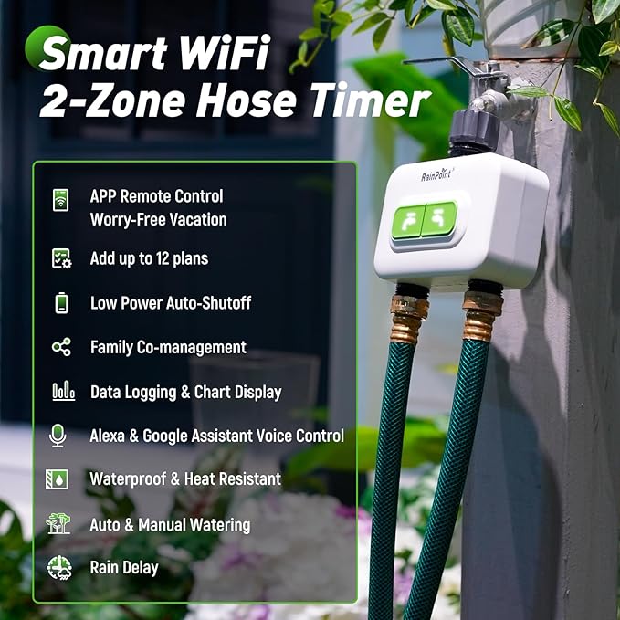 RainPoint 2-zone Wireless Smart Water Timer with Hub for Outdoor Irrigation Rain Delay, APP Remote Control WiFi Watering Timer for Garden Faucet with 2 Outlets Automatic Schedules for Lawn,Garden,Yard