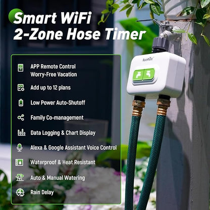 RainPoint 2-zone Wireless Smart Water Timer with Hub for Outdoor Irrigation Rain Delay, APP Remote Control WiFi Watering Timer for Garden Faucet with 2 Outlets Automatic Schedules for Lawn,Garden,Yard