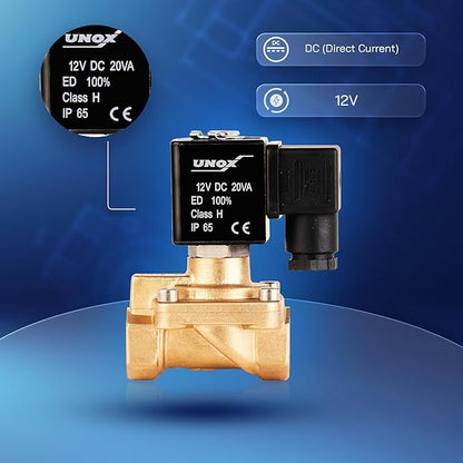UNOX 3/8" NPT Solenoid Valve 12V DC, Brass Control Valve Normally Closed - 7-232 PSI Multi-Purpose Reliable Control Valve for Water, Air, and Gas - Solenoid Valves