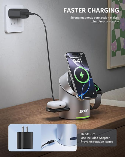 Acer S2 3 in 1 Charging Station for Apple - Qi2 15W iPhone Wireless Charging Station, Magsafe Charger Stand for iPhone 17 16 15 14 13 12 - Apple Watch - Airpods Series (Charger & USB-C Included)