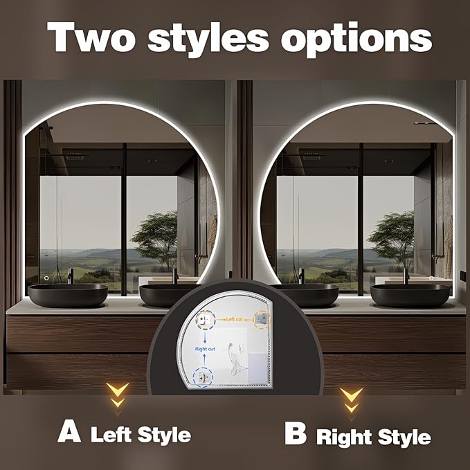 Niccy Half Moon LED Mirror for Bathroom, 28" Backlit + Front Lit Lighted Semi Round Makeup Mirrors for Wall, Anti-Fog, Dimmable 3-Colors, Memory Function, Shatterproof Smart Vanity Mirror