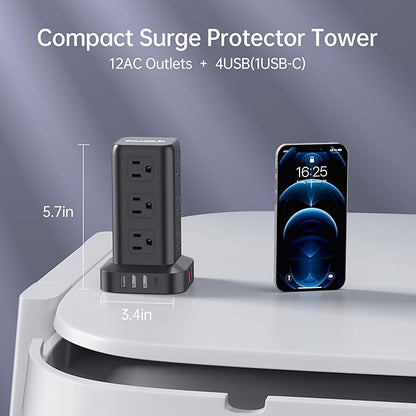 Surge Protector Power Strip Tower,10FT Extension Cord with Multiple Outlets, 12 AC 4 USB (1 USB C)，Mini Power Strip with USB Ports, Surge Protector Tower Overload Protection for Office, Desk