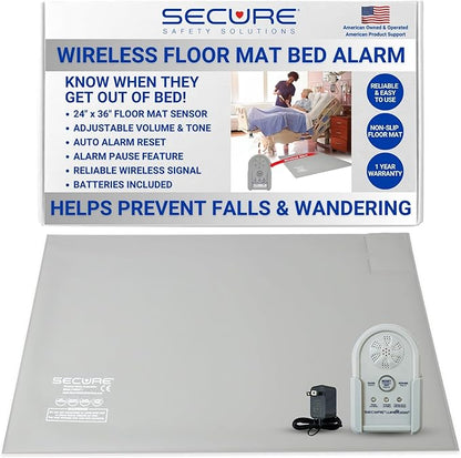 Secure Wireless Floor Mat Bed Alarm for Seniors - Wireless Alarm Monitor, Floor Mat Sensor, Transmitter, Power Adapter - No Noise in Patient Room - Fall &Wandering Prevention for Elderly Dementia
