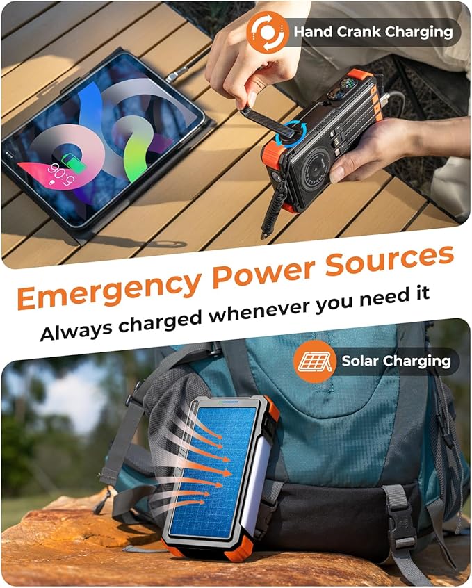 BLAVOR Solar Power Bank with Hand Crank and 4 Cables, 20000mAh Wireless Portable Charger with USB C & Camping Light, 20W Fast Charging Battery Pack for iPhone, iPad, Samsung, All Mobile Phones