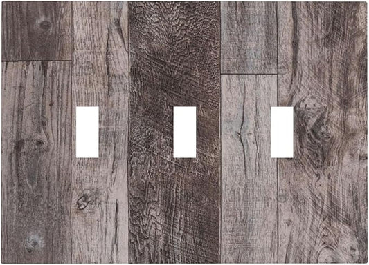 Decorative Switch Plates Rustic Dark Grey Wood Retro Country Wooden 3 Gang Wall Plate Triple Toggle Light Switch Cover Faceplate Electrical Wall Panels for Farmhouse Cabin Decor