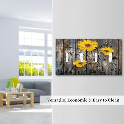 Rustic Barn Sunflower Wooden Daisy Flower Plank Light Switch Covers Quad Toggle Electrical Faceplate 4 Gang Wall Plate Decorative Switch Plates for Farmhouse Home Decor