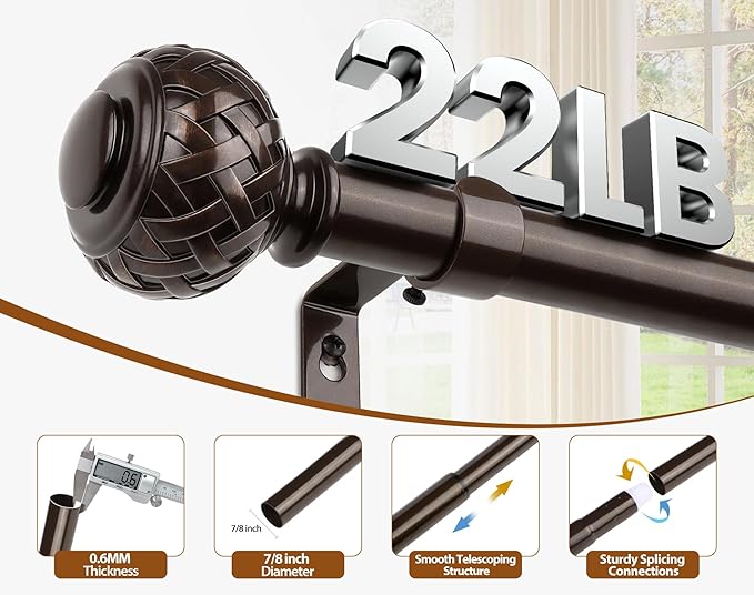 TONIAL Bronze Curtain Rod 16 to 30 Inches, 7/8 Adjustable Curtain Rods for Windows 8 to 25 Inches, Splicing Drapery Rods Heavy duty with Netted Texture Finials