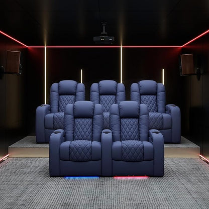 Weilianda Home Theater Seating Top Grain Leather Zero Gravity Recliner Chair Power Headrest Recline Movie Seat Gaming 7 Colors Mood Light Sofa with Tray Table USB Charge Row of 2 Blue