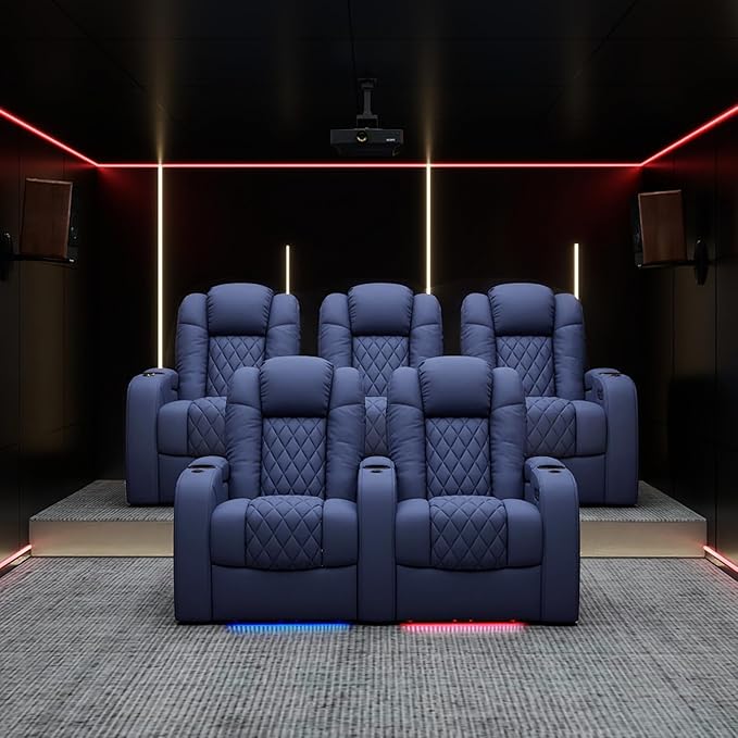 Weilianda Home Theater Seating Top Grain Leather Zero Gravity Recliner Chair Power Headrest Recline Movie Seat Gaming 7 Colors Mood Light Sofa with Tray Table USB Charge Row of 5 Loveseat Right Blue