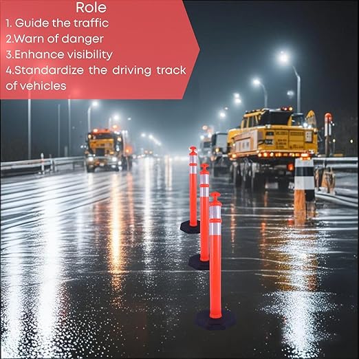 Reflective Rubber Base Traffic Delineator Post - Heavy-Duty Safety Bollards for Parking Lot Markers, Road Construction, Driveway Warning - with Reflective Strips (6 Pack - 42 Inch)