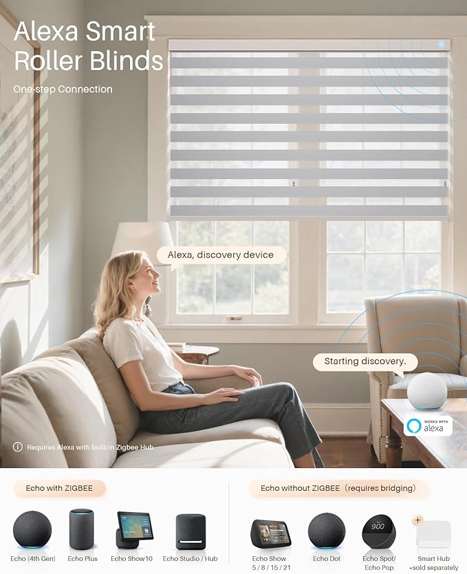 Smart Zebra Blinds for Windows, Alexa Motorized Blinds with Remote Control, Automatic Electric Power Zebra Shades for Indoor Windows (27" W x 72" H, Gray Fabric & White Shell)
