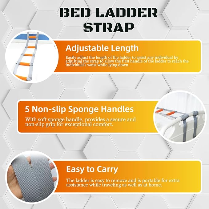 Bed Ladder Assist with Soft Handle Grips Assist Device with Handle Strap Sit Up Hoist Adjustable Length Assistant to Get Out of Bed for Seniors Handicapped Injured（Grey）