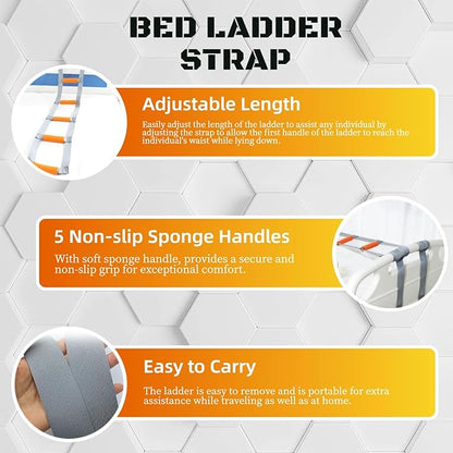 Bed Ladder Assist with Soft Handle Grips Assist Device with Handle Strap Sit Up Hoist Adjustable Length Assistant to Get Out of Bed for Seniors Handicapped Injured（Grey）