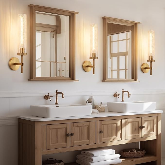 19.5" Knurled Brass Wall Sconce with Crackle Glass Tube, Gold Bathroom Vanity Light Fixtures, Modern Lamp Lighting for Bedroom, Living Room, Hallway, Staircase, Mirror, Kitchen