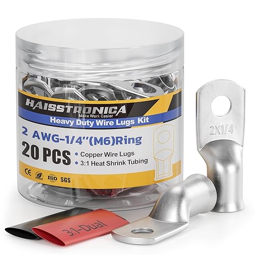 haisstronica 20pcs 2 AWG - 1/4"" (M6) Tinned Copper Battery Lugs, Heavy Duty Copper Wire Lugs with 3:1 Adhesive Heat Shrink Tubing, 2 Gauge Wire Lugs, Tinned Copper Battery Cable Ends, HX1799