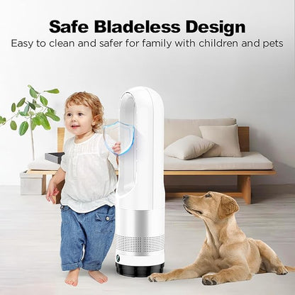 Bladeless Tower Fan, 1400W Space Heater & 40W Cooler Fan Combo with Remote, 80°Oscillation, 8 Speeds and 3 Heating Modes, 9H Timer, LED Display, Fast Safety Heat and Quiet for Bedroom, Kitchen, Office