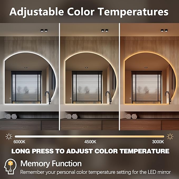 Niccy Half Moon LED Mirror for Bathroom, 32" Backlit + Front Lit Lighted Semi Round Makeup Mirrors for Wall, Anti-Fog, Dimmable 3-Colors, Memory Function, Shatterproof Smart Vanity Mirror